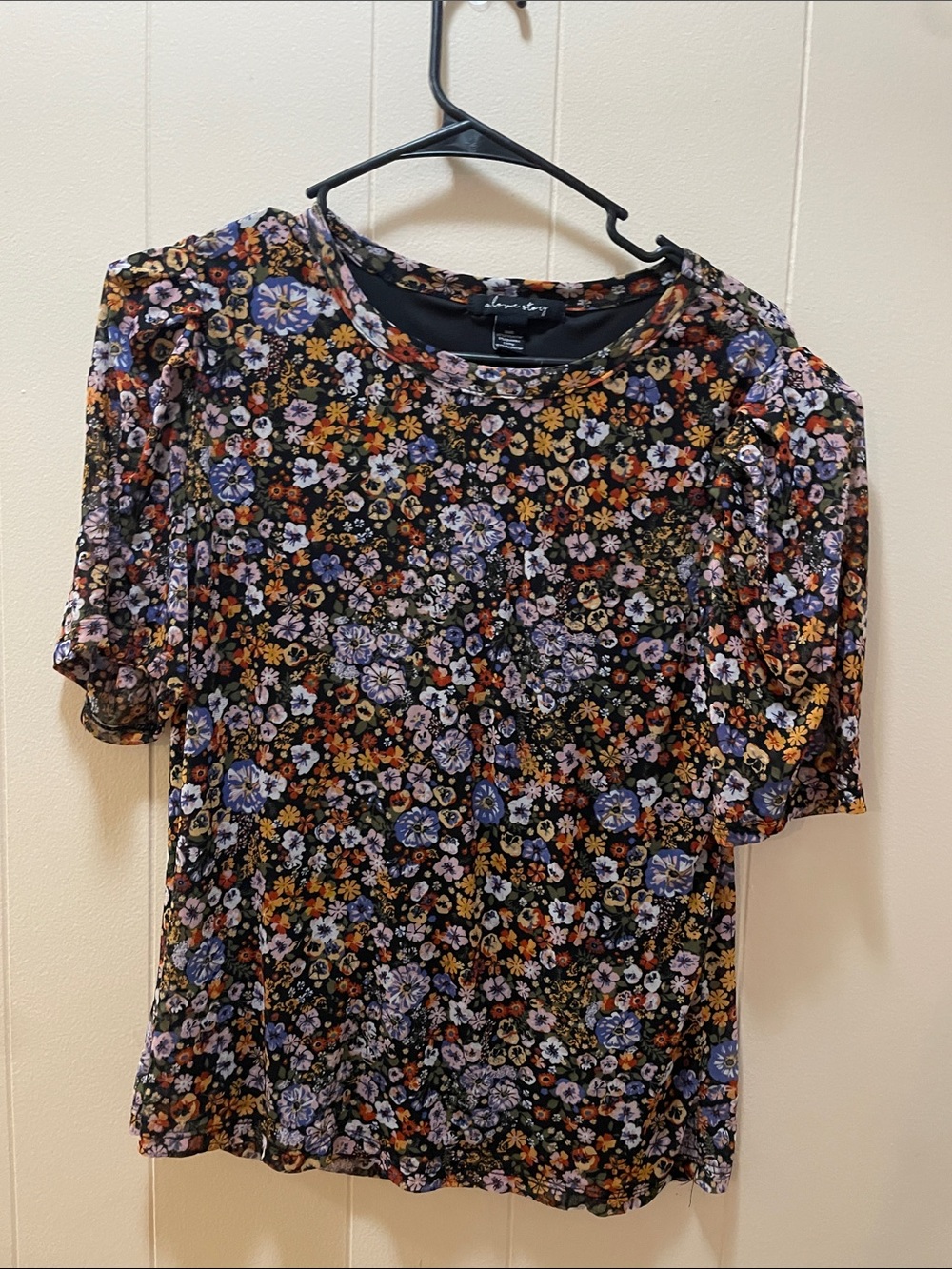 Love Tree Black Floral Short Sleeve Tee with Purple and Orange Blooms